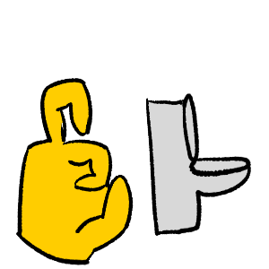 a yellow hand singing need in ASL, to the left of a toilet